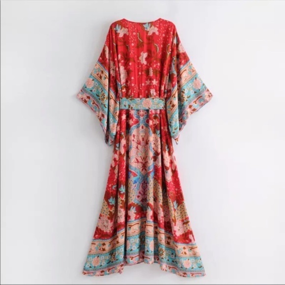 Boho Gypsy Red  Floral Print Midi Kimono Dress Cottagecore - Picture 4 of 10